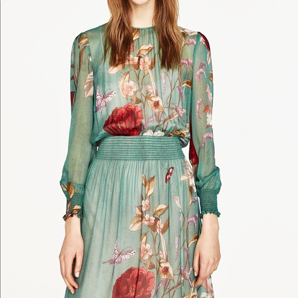 ZARA SEA GREEN AND RED FLORAL MIDI DRESS SIZE SMALL (without slip)